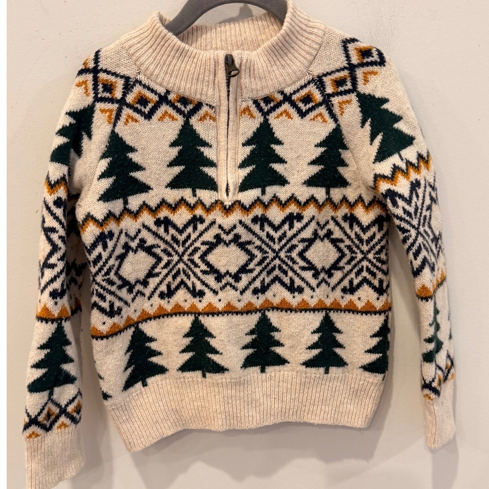 J Crew Crewcuts Boys Fair Isle Sweater XXS 2-3 Pine Tree Nordic Quarter Zip